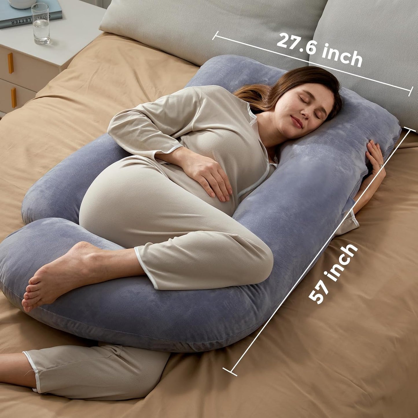 Momcozy U-Shaped Pregnancy Pillow - Full Body Support for Back, Legs & Belly | 57 Inch, Grey