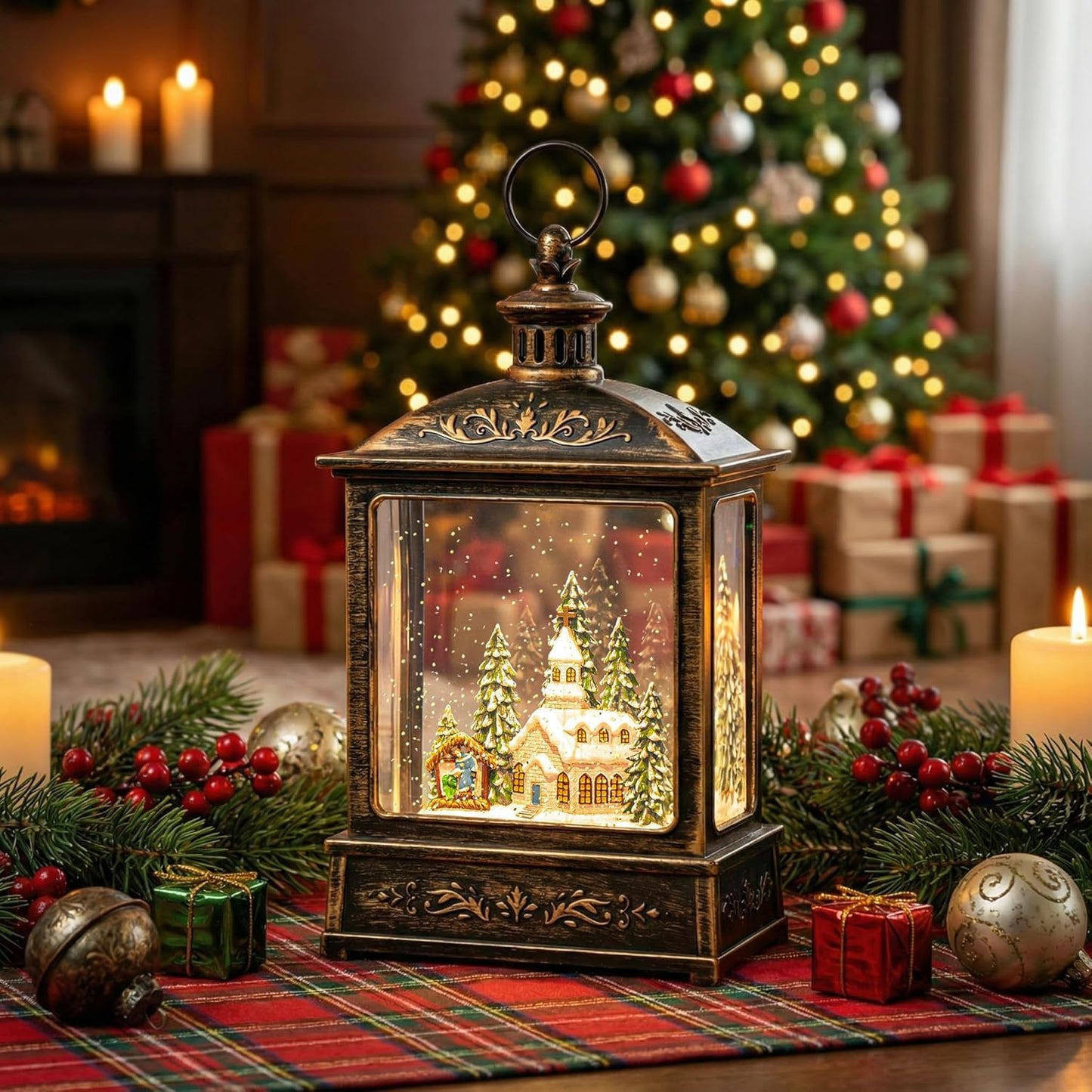 Skiennix 12.5'' Musical Snow Globe Lantern - Lighted Church with Nativity Scene | Battery or USB Powered Christmas Decor