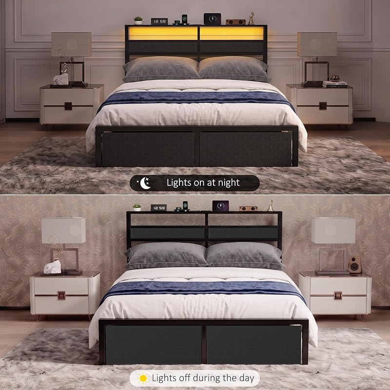 Full Size Bed Frame with Storage Drawers, Headboard Lights & USB-C Charging