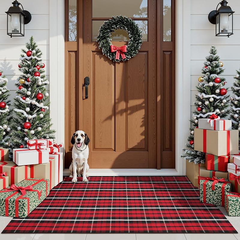 Buffalo Plaid Door Mat Outdoor 35"x59" red black Christmas Front Porch Rug - Variation: Christmas Red + 3' x 5'