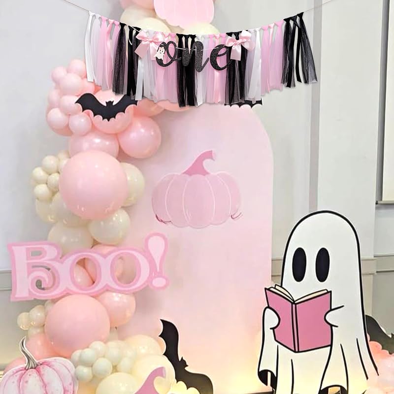 Halloween Ghost One High Chair Banner with Pink, Black & White Tulle Skirt