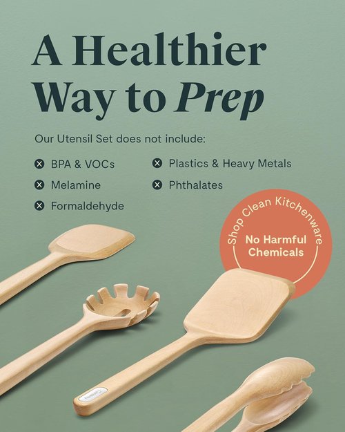 Caraway Wooden Utensil Set | 5-Piece Eco-Friendly Cooking Tools - Spoon, Server, Scraper, Spatula & Tongs - FSC-Certified Birch Wood
