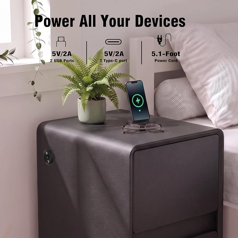 Modern Leather Nightstand with 2 Drawers, USB Charging & 16" Black