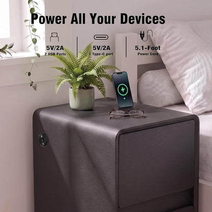 Modern Leather Nightstand with 2 Drawers, USB Charging & 16" Black