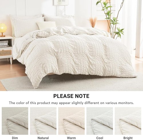HYMOKEGE King Size Comforter Set - Luxury 7-Piece Ivory Seersucker Bedding for All Seasons | Includes Comforters, Sheets & Pillowcases