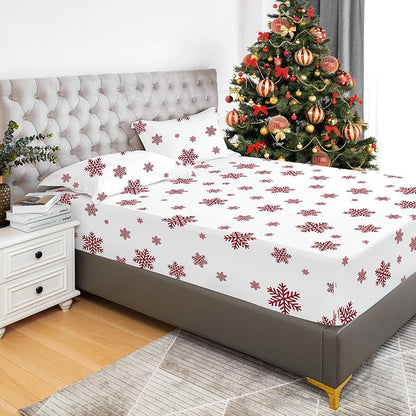 Snowflake Full Fitted Sheet Set with Pillowcases - 16" Deep Pocket, Double Brushed Microfiber