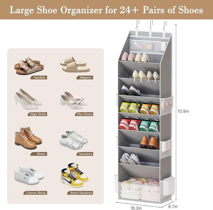 Criusia Shoe Organizer - Over The Door Hanging Storage with Large Pockets | Fits 16-24 Pairs - Gray