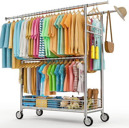 Skiennix Heavy Duty Clothes Rack - 960LBS Capacity, Portable & Adjustable with Sturdy Wheels | Silver