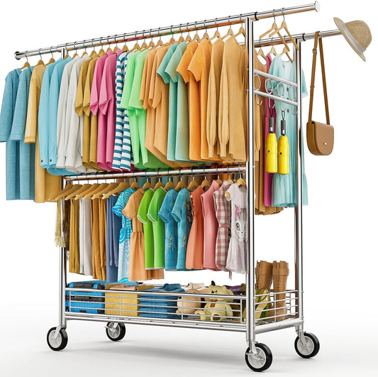 Skiennix Heavy Duty Clothes Rack - 960LBS Capacity, Portable & Adjustable with Sturdy Wheels | Silver