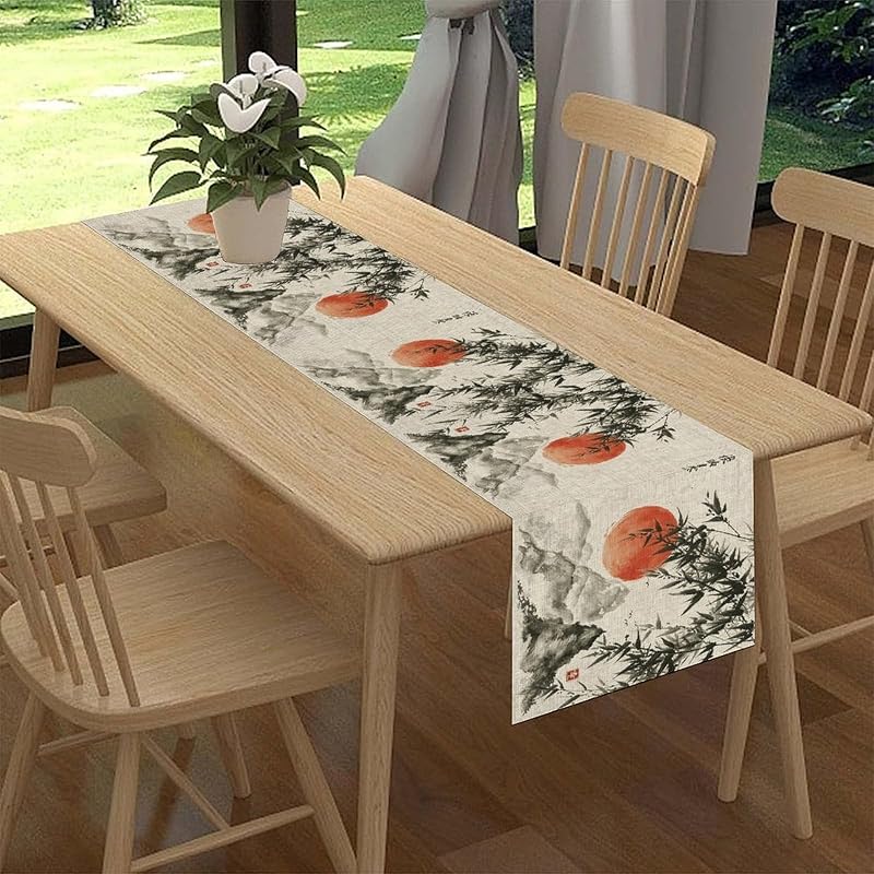 Japanese 4+ 13" x 72" Table Runner - Chinoiserie Red Sun Mountain Bamboo Decor
