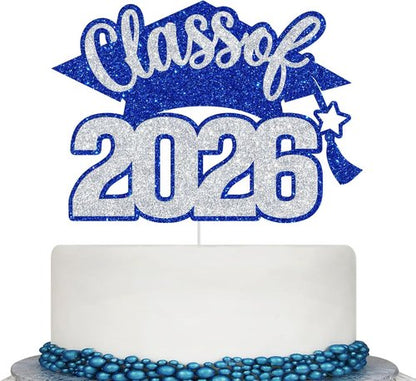 Class of 2026 Cake Topper - Glitter Graduation Decor for High School, College & University - Blue & Silver