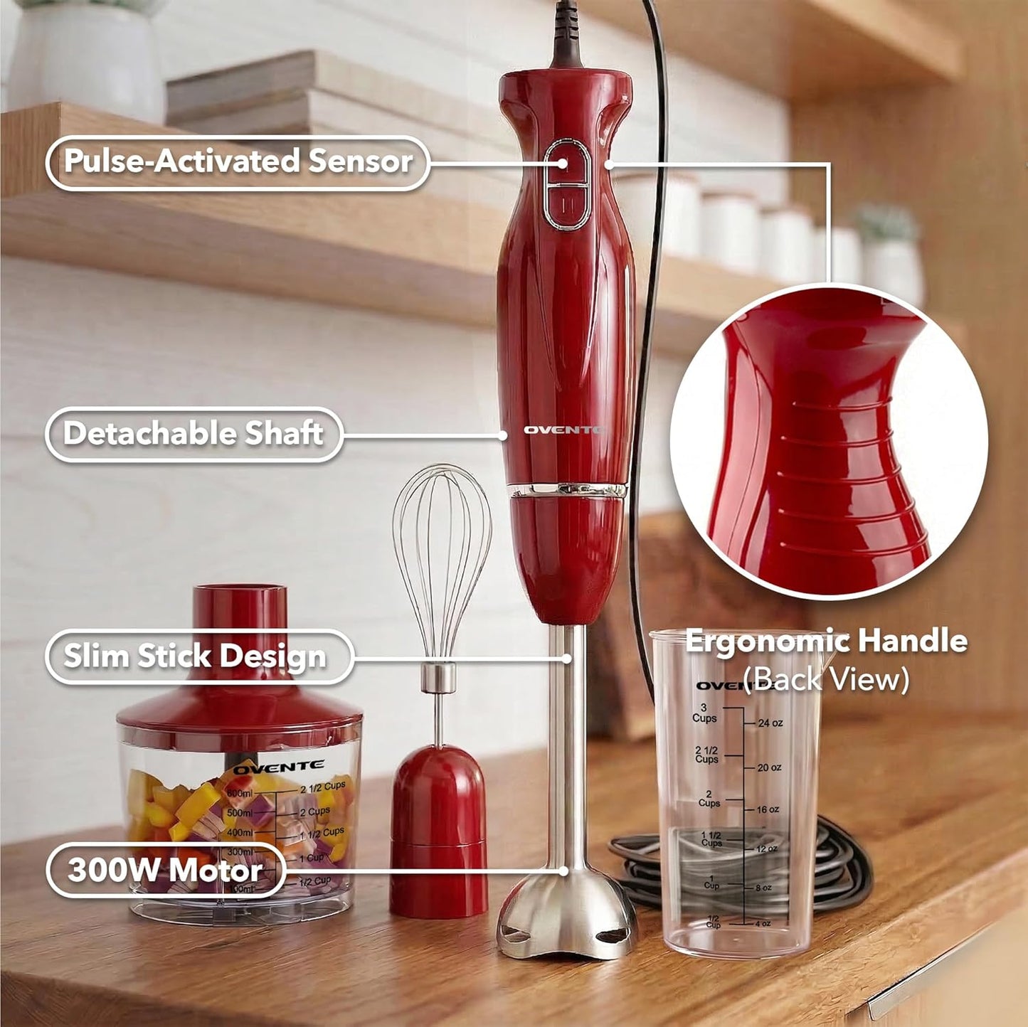 OVENTE Immersion Hand Blender Set - 300W Electric Stick Mixer with Stainless Steel Blades & Accessories, Red HS565R
