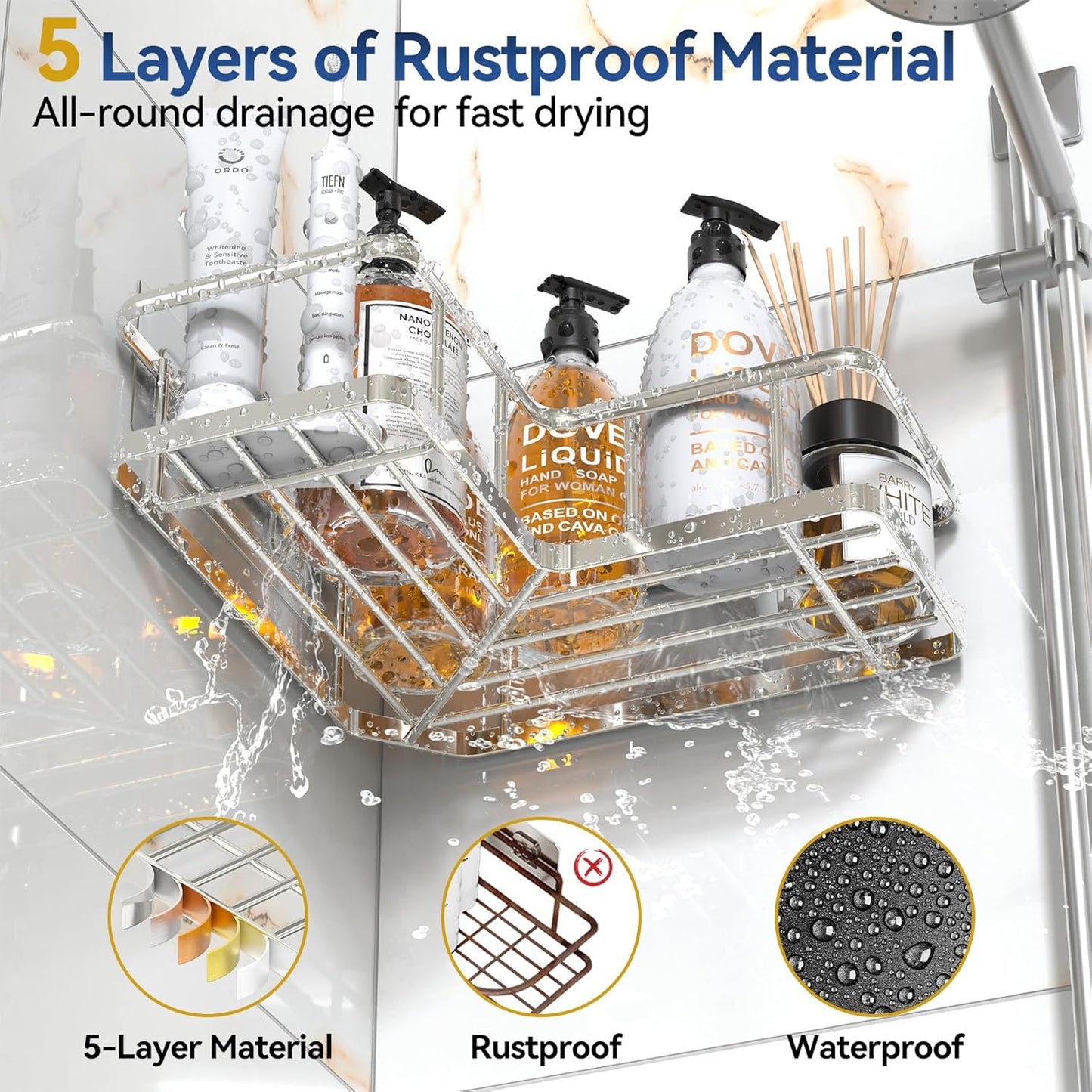 YASONIC Corner Shower Caddy Organizer - Rustproof Bath Shelves with Soap Holder & 4 Hooks | Large Capacity, Silver (3-Pack)