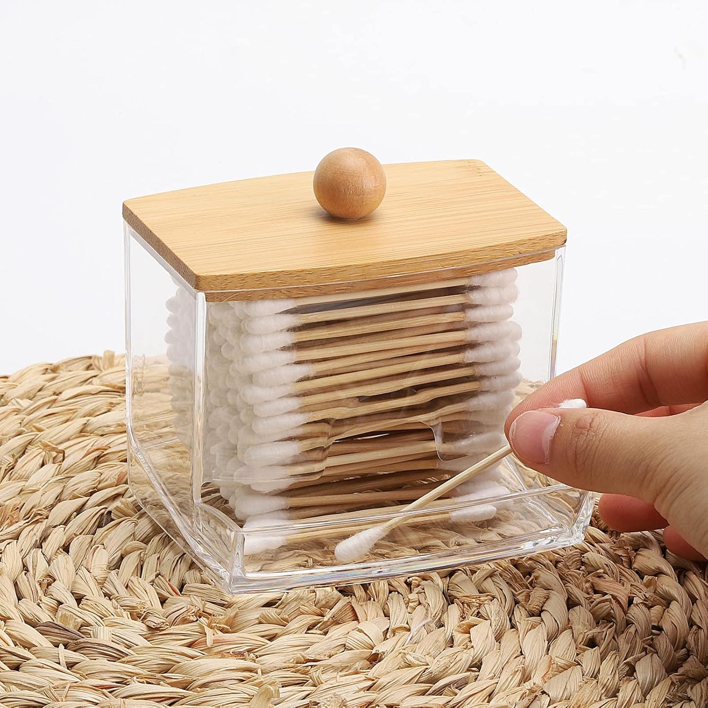 Tbestmax Qtip Holder Dispenser - 10oz Clear Bathroom Organizer with Bamboo Lid for Cotton Swabs & Balls