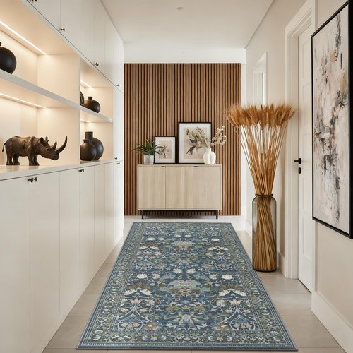 4x8 Washable Kitchen Area Rug: Farmhouse Stain-Resistant Elegant Floral Rug for Living Room Bedroom Wide Soft Carpet for Entryway Bathroom Thin Hallway Floor Mat with Non Slip Backing(4x8,Floral/Blue)