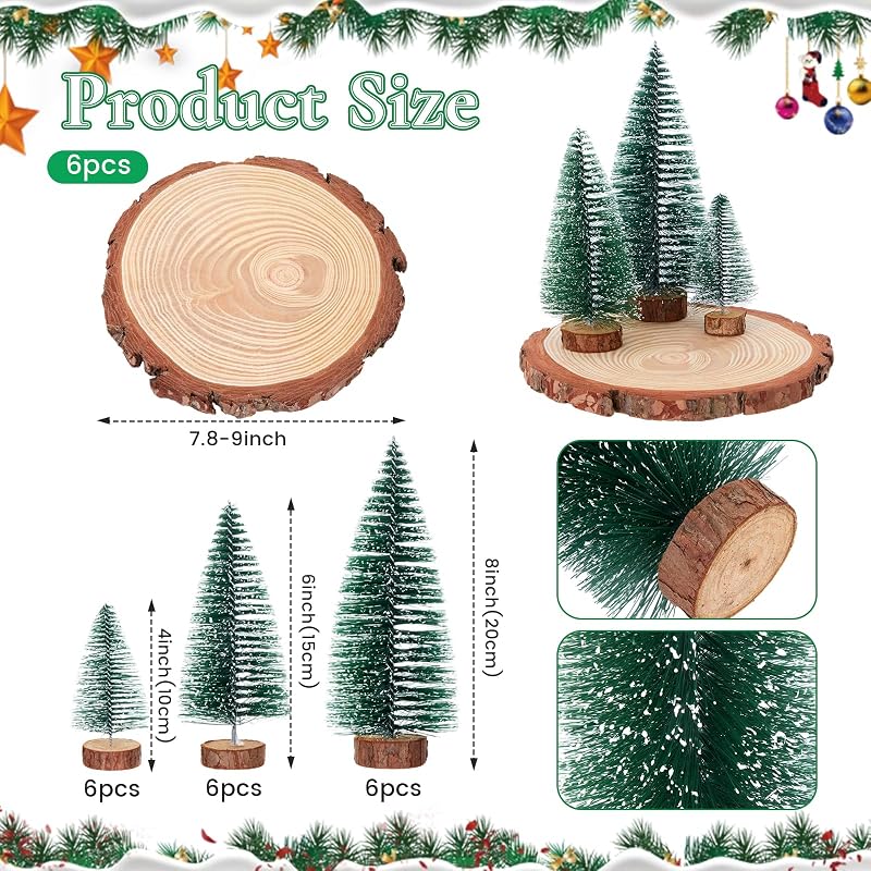 18 Pcs Bottle Brush Christmas Trees & 6 Natural Wood Slices Set, 3 Sizes