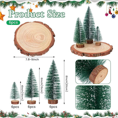 18 Pcs Bottle Brush Christmas Trees & 6 Natural Wood Slices Set, 3 Sizes