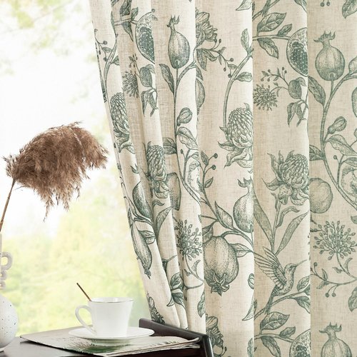 jinchan Linen Curtains Floral Curtain for Living Room 84 Inch Long Dark Green French Back Tab Light Filtering Toile Print Farmhouse Bedroom Curtains Window Drapes Set 2 Panels