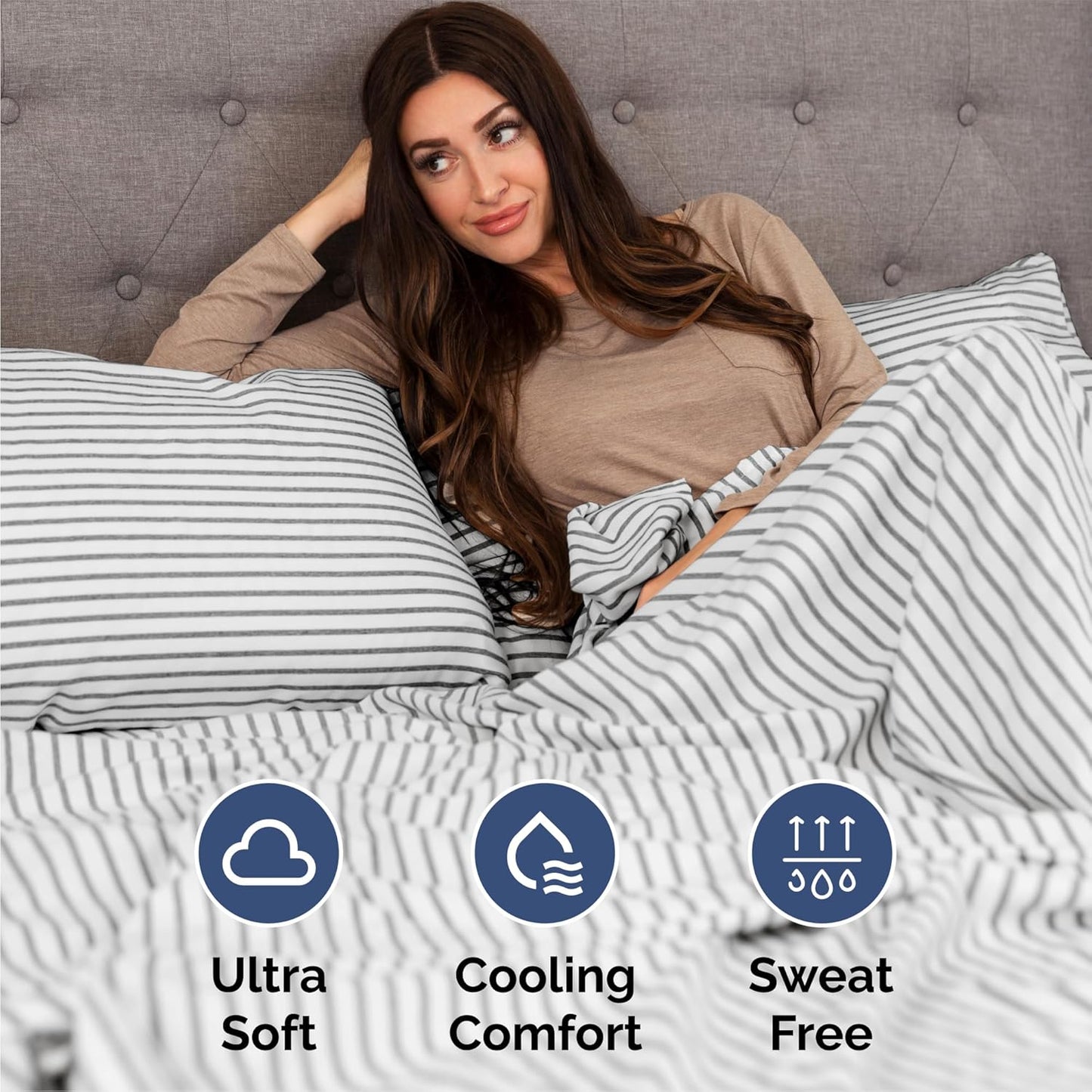 Skiennix Queen Size 4-Piece Sheet Set - Comfy Breathable Cooling Bedding - Soft Wrinkle-Free Grey Stripes