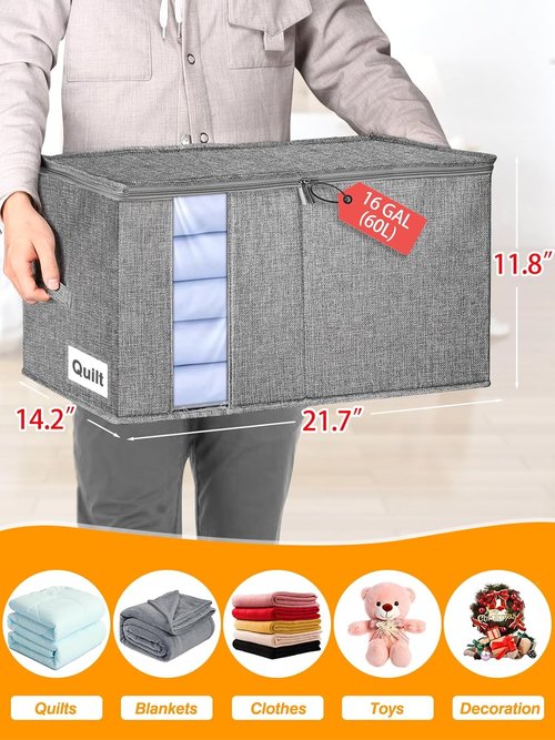 60L Storage Bag by [Brand Name] - Rigid Support for Blankets & Comforters | Stackable Closet Organizer, Gray, 2 Pack
