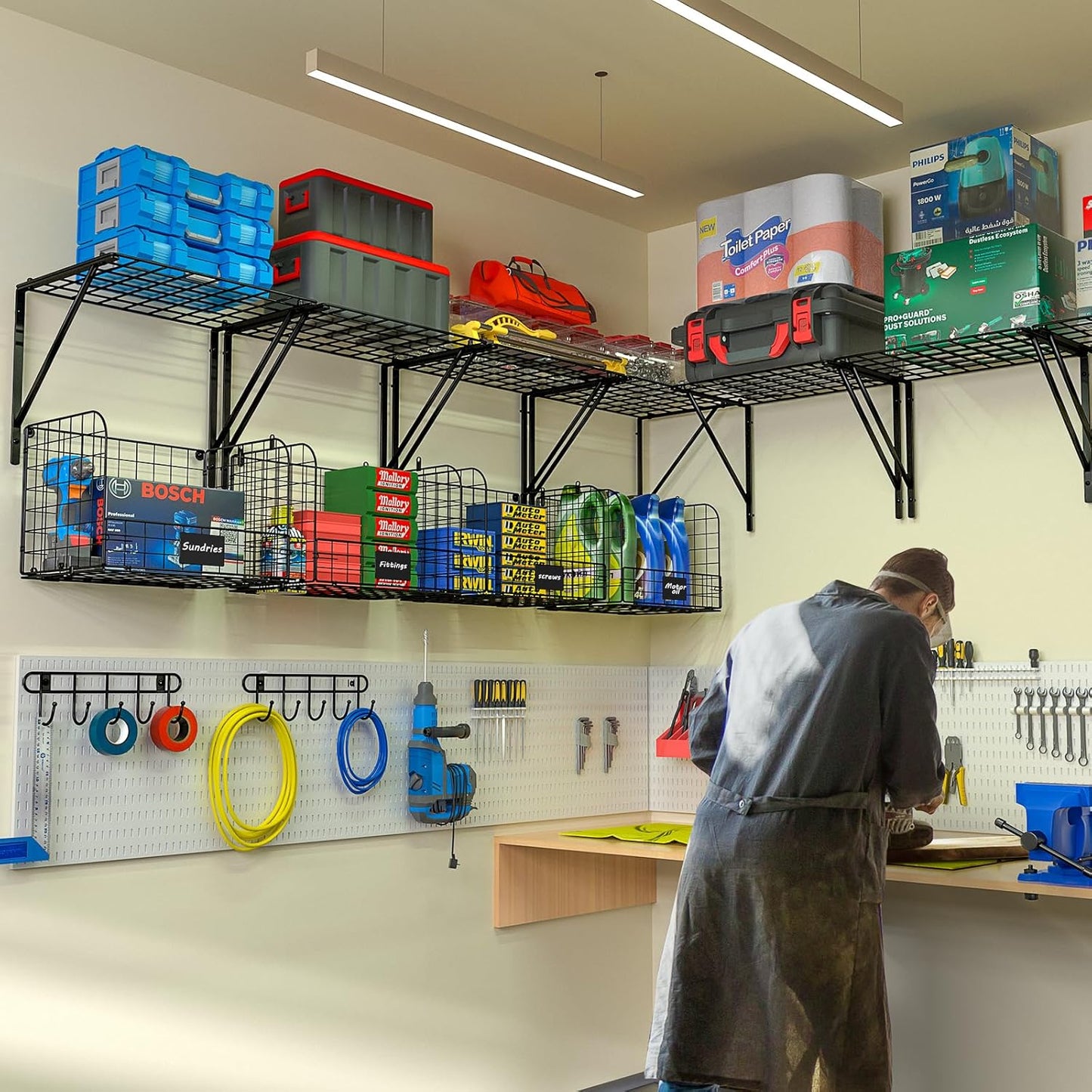 ThreeHio Garage Shelves - Heavy Duty Wall Mounted Storage with Wire Baskets & Hooks | 2 Pack