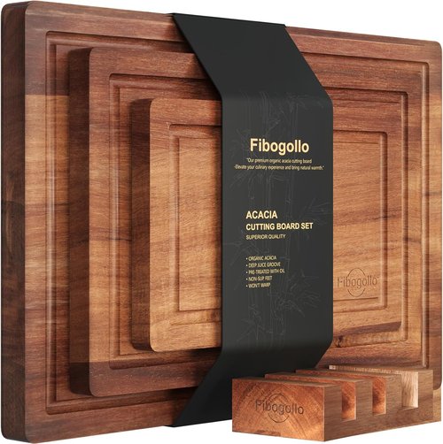 Acacia Wood Cutting Boards Set of 3 - Premium Wooden Chopping Boards with Juice Groove & Holder