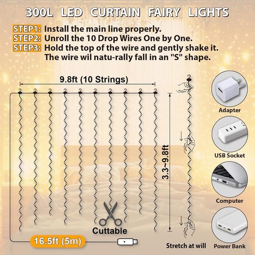 HXWEIYE 300LED Fairy Curtain Lights - 9.8x9.8Ft USB Plug-In with Remote | 8 Modes for Indoor Decor, Warm White