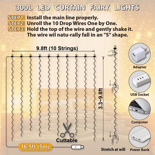 HXWEIYE 300LED Fairy Curtain Lights, 9.8x9.8Ft USB Plug-in 8 Modes Christmas String Hanging Lights with Remote for Bedroom Backdrop Wedding Indoor Wall Decor, Warm White, Standard – 1 Pack