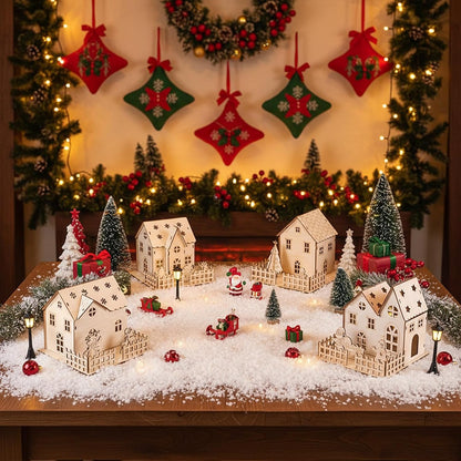 Qunclay Light Up Christmas Village Set - 4 Unfinished Wooden Houses for Holiday Crafts & Decorations