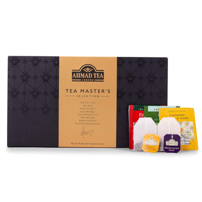 Ahmad Tea Black, Green, and Herbal Teas, Tea Master's Selection Gray Gift Box, Variety of 8 Teas, Teabags 48 ct - Caffeinated, Decaffeinated, and Sugar-Free