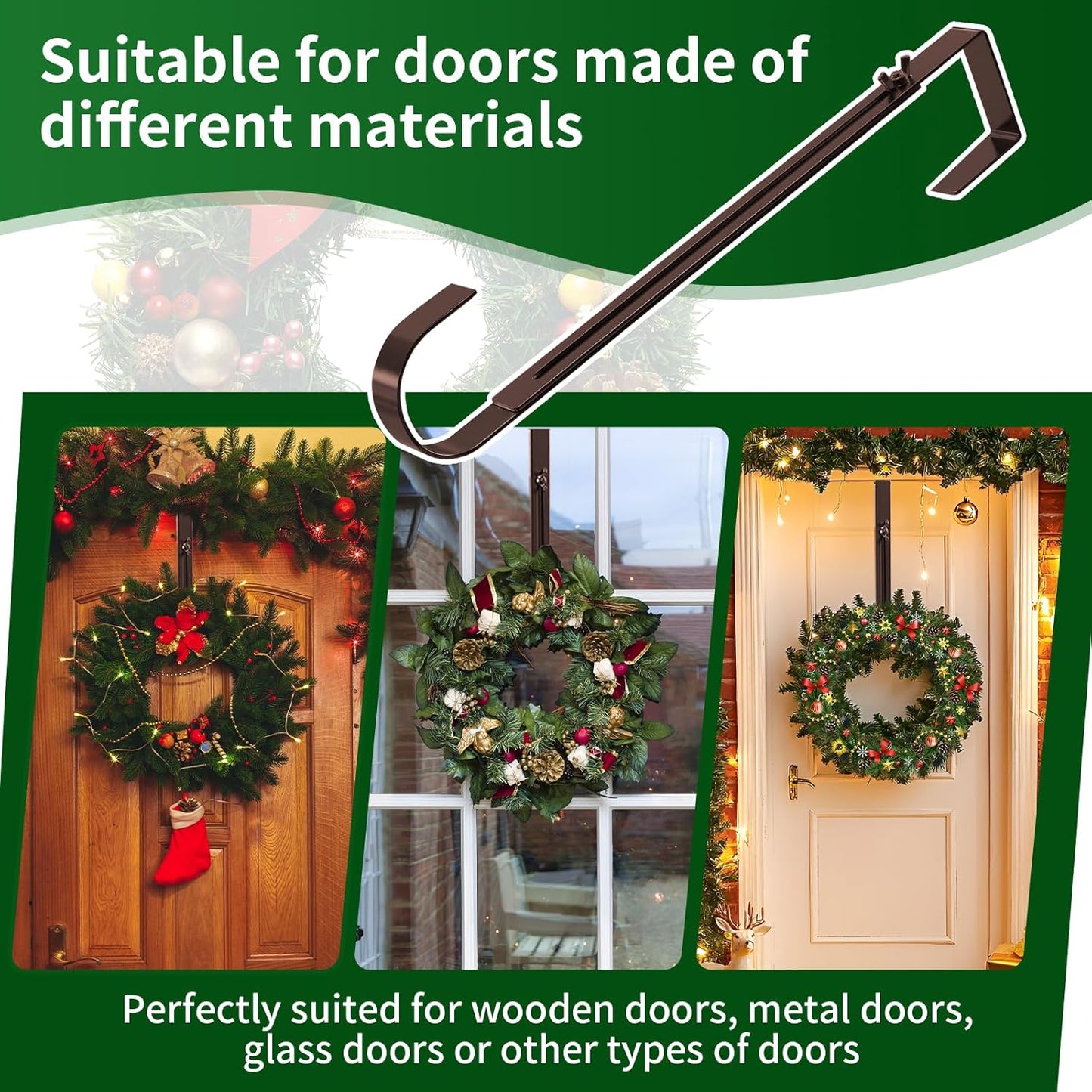 Skiennix Adjustable Metal Wreath Hanger - Holds Up to 20lbs | 12-20" Over The Door Hook for All Seasons (Bronze)