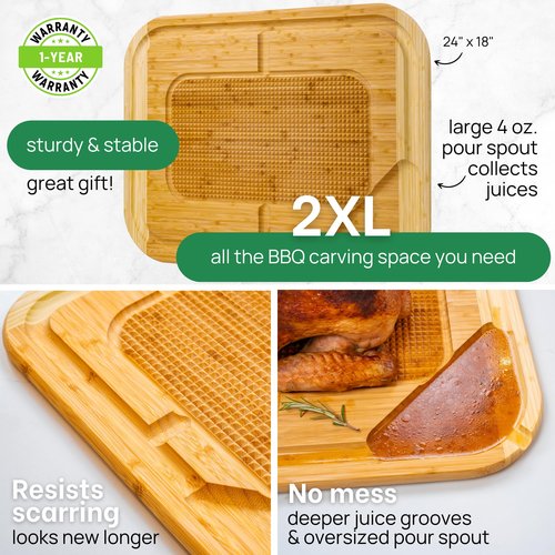 GREENER CHEF 24 Inch 2XL Organic Meat Carving Board with Lifetime Replacements - Wooden Butcher Block with Pour Spout, Turkey Platter for Holidays, Meat Cutting Board