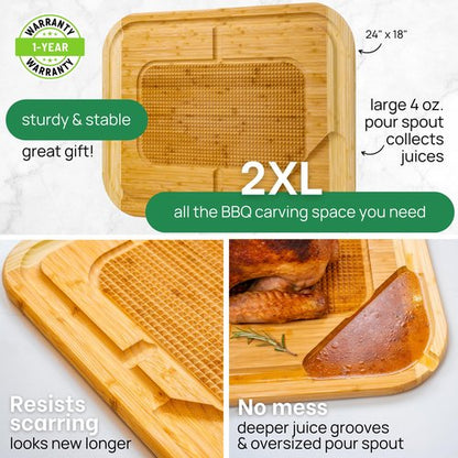 GREENER CHEF 24 Inch 2XL Organic Meat Carving Board with Lifetime Replacements - Wooden Butcher Block with Pour Spout, Turkey Platter for Holidays, Meat Cutting Board