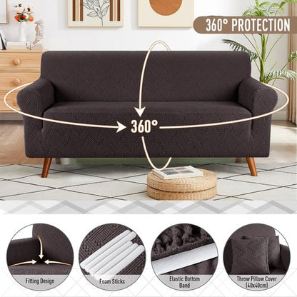 Ruaozz Stretch Sofa Cover 1 Piece Couch Covers for 3 Cushion Couch Non Slip Universal Sofa Slipcover Washable Soft Jacquard Furniture Protector with 2 pcs Throw Pillow Covers (3 Seater, Chocolate)