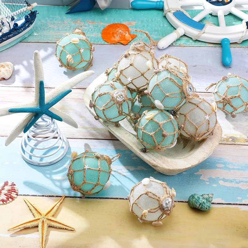 Coastal Christmas Tree Topper with 12 Glass Ornaments – Starfish & Seashell Beach Decor