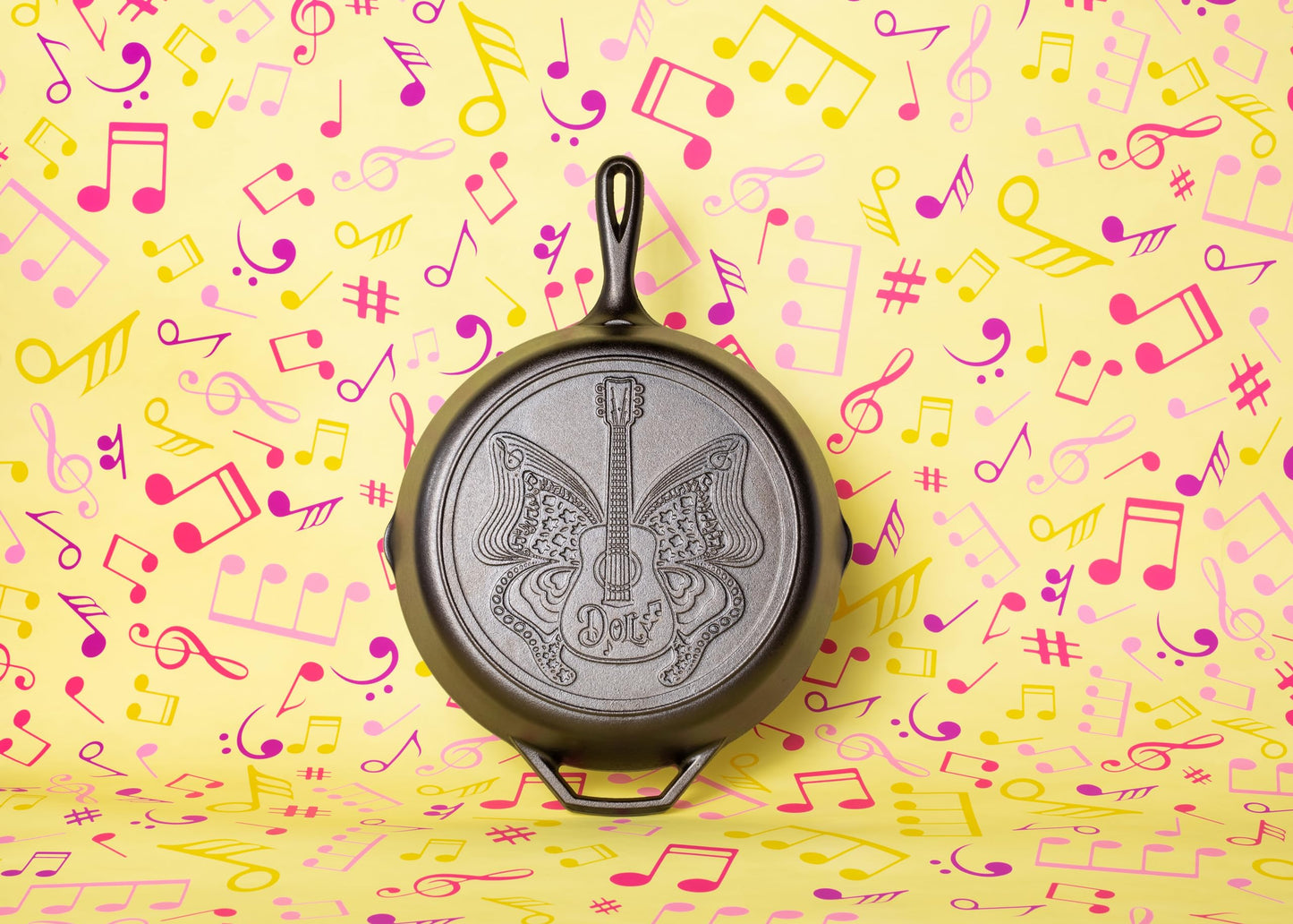 Lodge 12 Inch Dolly Parton Pre-Seasoned Cast Iron Stamped Skillet - Signature Teardrop Handle - Use in the Oven, on the Stove, on the Grill, or Over a Campfire, Black