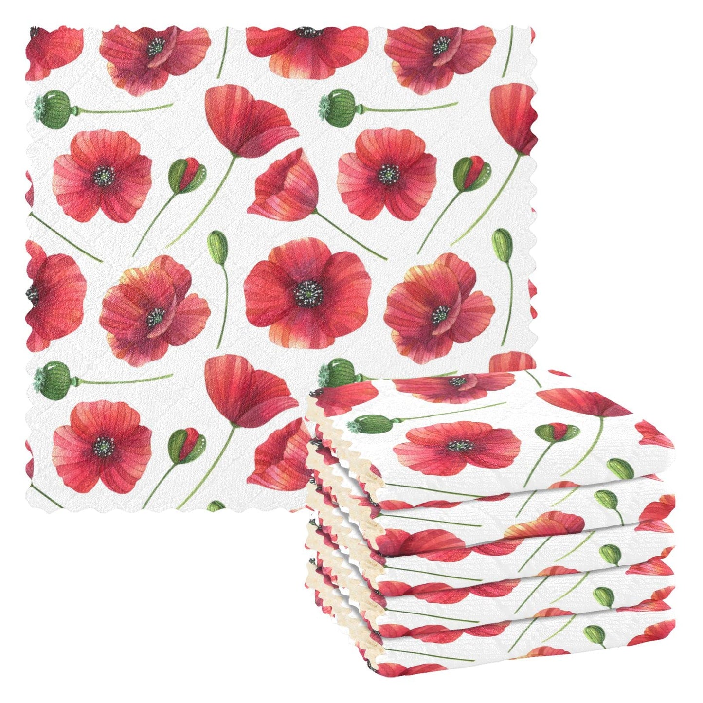 CaTaKu Red Poppy Cute Kitchen Dish Cloths for Washing Dishes Reusable Cleaning Cloth Dish Towels Microfiber Washcloths Dish Rags for Kitchen,6 Pack