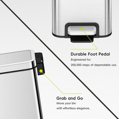 EKO Small Bathroom Trash Can - 10 Liter Stainless Steel with Soft Close Lid & Step Pedal | Anti-Fingerprint Finish