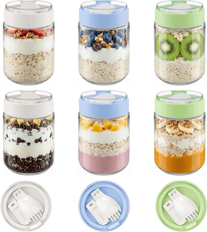 Vtopmart 16 oz Overnight Oats Containers - Airtight Glass Jars with Lids & Folding Spoons | 6 Pack
