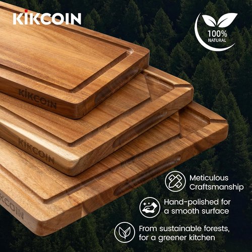Kikcoin Wooden Cutting Boards Set - 3 PCS Kitchen Chopping Boards with Holder & Juice Groove