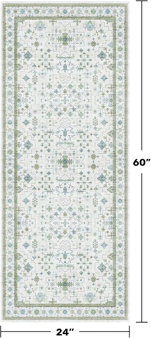 Hazo Haus Washable Oushak Bathroom Runner Rug - Eclectic Boho Floral Design, Non-Slip, 2x5 ft, Cream Green