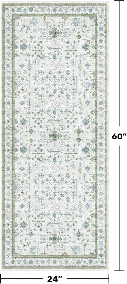 Hazo Haus Washable Oushak Bathroom Runner Rug - Eclectic Boho Floral Design, Non-Slip, 2x5 ft, Cream Green