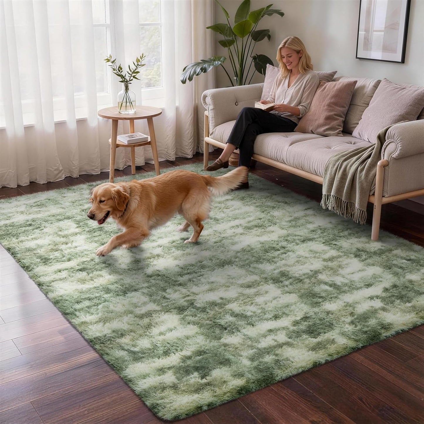 Ophanie Area Rug - Fluffy Shag Soft Carpet for Living Room | 5x7 Green and White Design