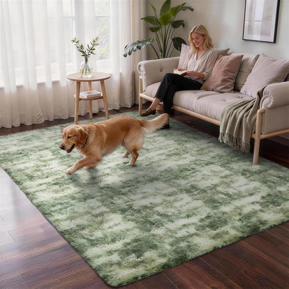 Ophanie Area Rug - Fluffy Shag Soft Carpet for Living Room | 5x7 Green and White Design
