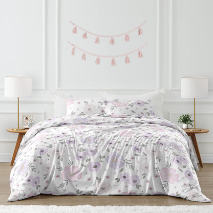 Sweet Jojo Designs Lavender Purple, Pink, Grey and White Shabby Chic Watercolor Floral Girl Full/Queen Teen Childrens Bedding Comforter Set - 3 Pieces - Rose Flower