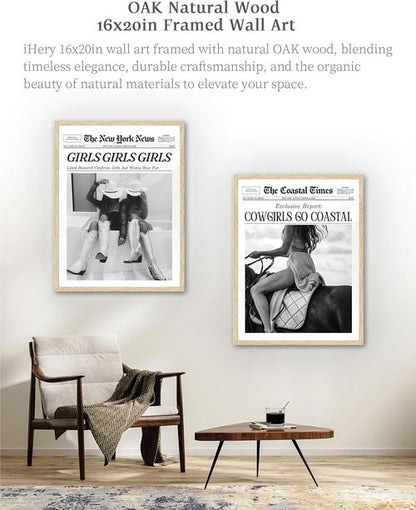 iHery Framed Cowgirl Wall Art - Trendy Black and White Canvas Decor | Large 16x20in Natural Oak for Bedroom & Living Room
