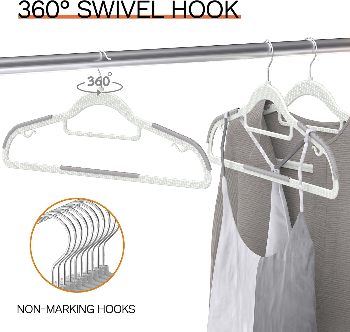 Skiennix Heavy Duty Plastic Hangers - Non-Slip Design with Rubber Pads & 360° Hook | Space-Saving Gray Closet Organizer for Shirts, Pants, and Coats - 60 Pack