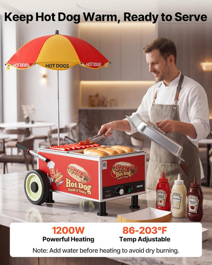 VEVOR Hot Dog Steamer Cart - 1200W Electric Stainless Steel Machine with Adjustable Temp & Portable Design