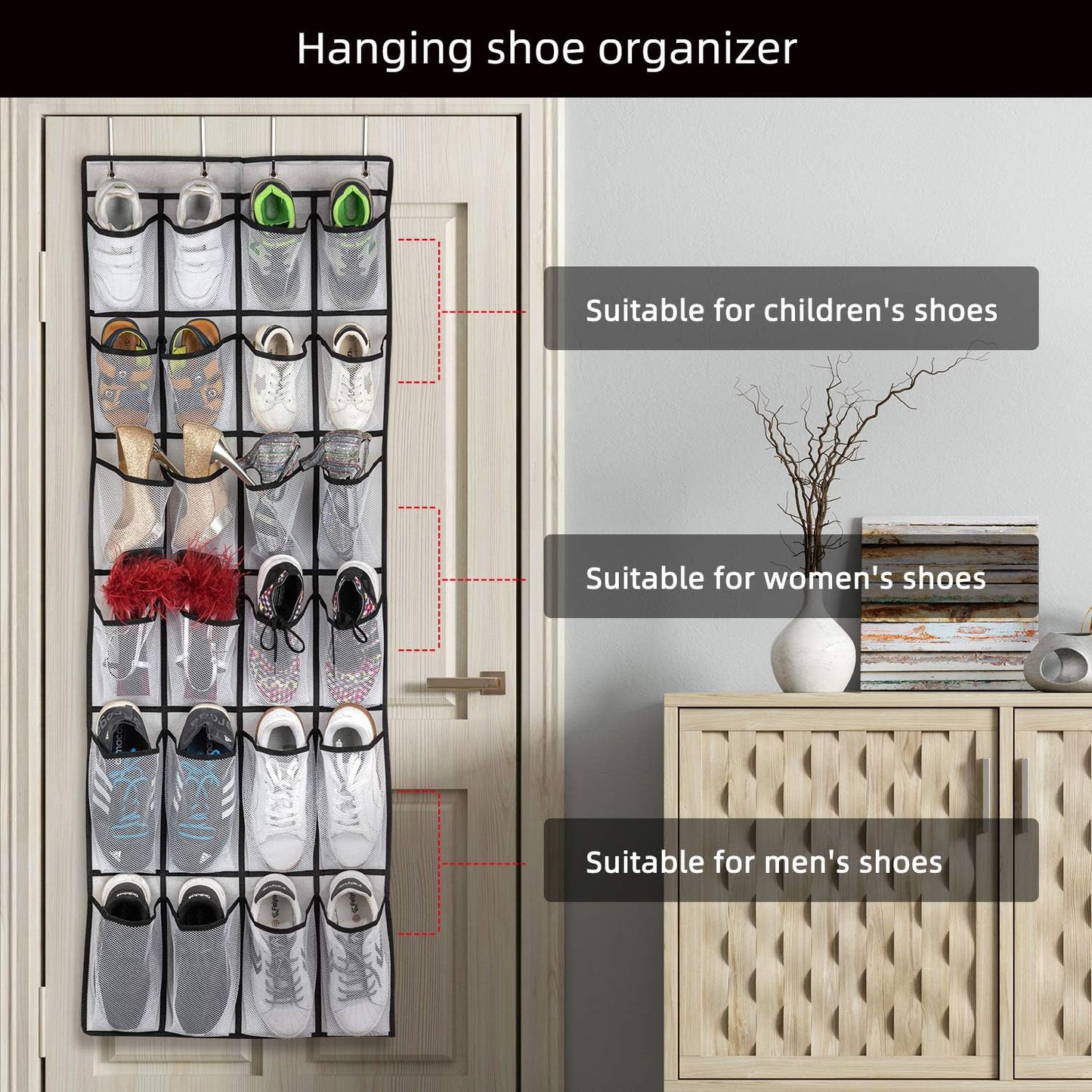 SAVERHO Over The Door Shoe Organizer - 24 Large Mesh Pockets for Easy Storage | White Hanging Rack