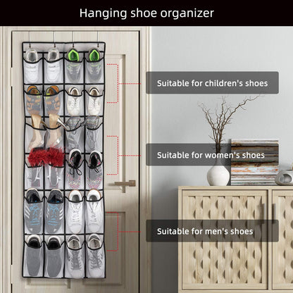 SAVERHO Over The Door Shoe Organizer - 24 Large Mesh Pockets for Easy Storage | White Hanging Rack
